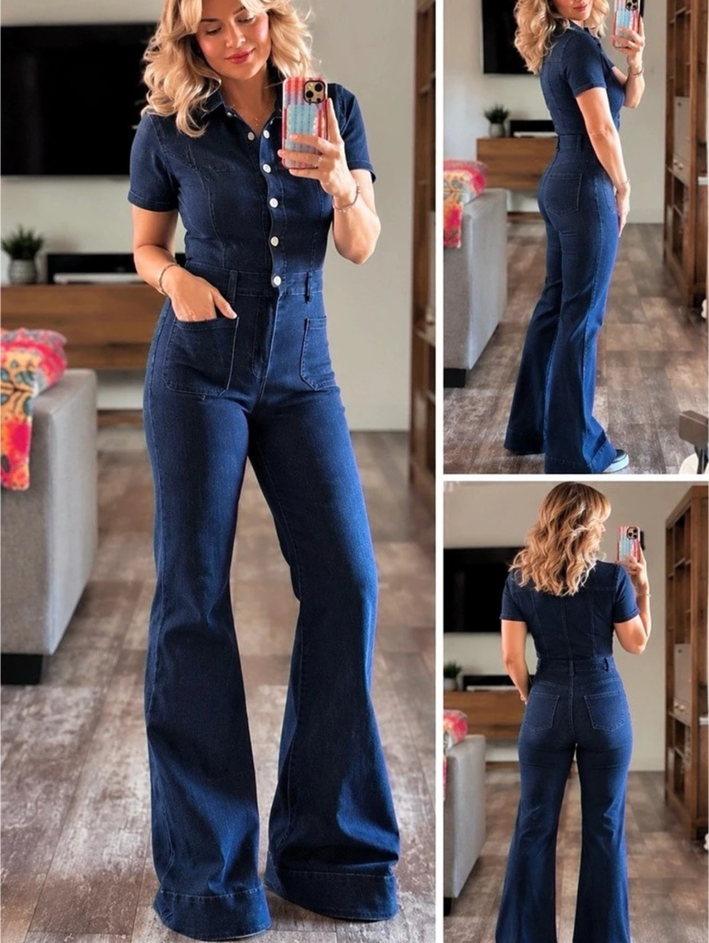 Dark Wash Denim Flare Jumpsuit Button Front Pockets β NWT